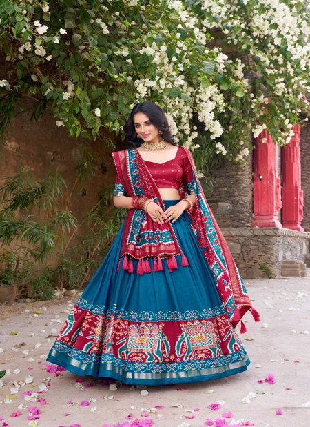 Teal Colour Tussar Silk With Patola Printed With Foil Work Lehenga With Blouse Dupatta LNB1221
